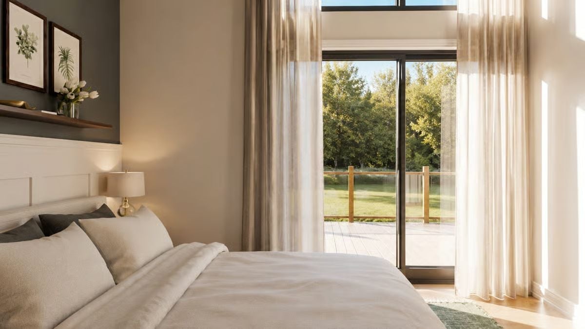 Sheer Curtains, a Balcony Rail, and Trees Close Enough to Feel