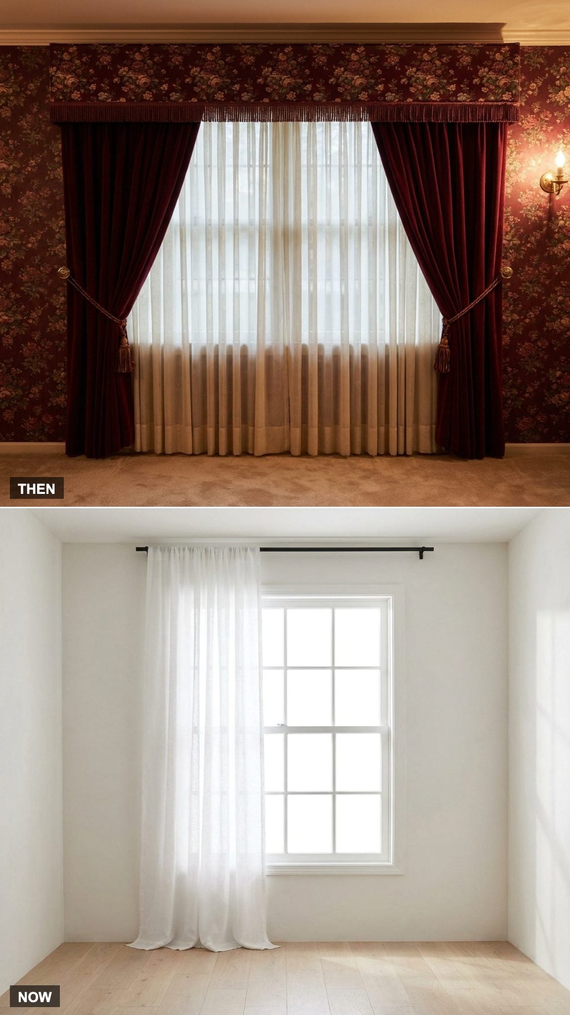 The Window Wore Three Layers of Wine-Colored Fabric