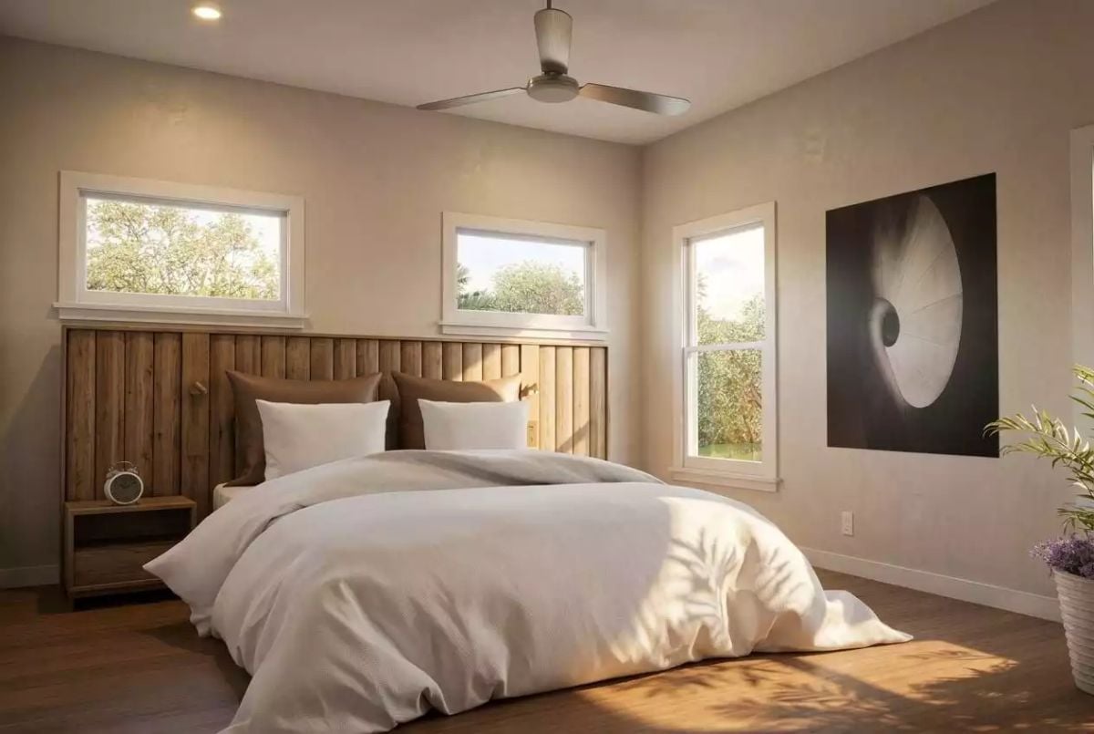 Vertical Shiplap Headboard and Clerestory Windows Make This Bedroom Work Harder Than It Looks