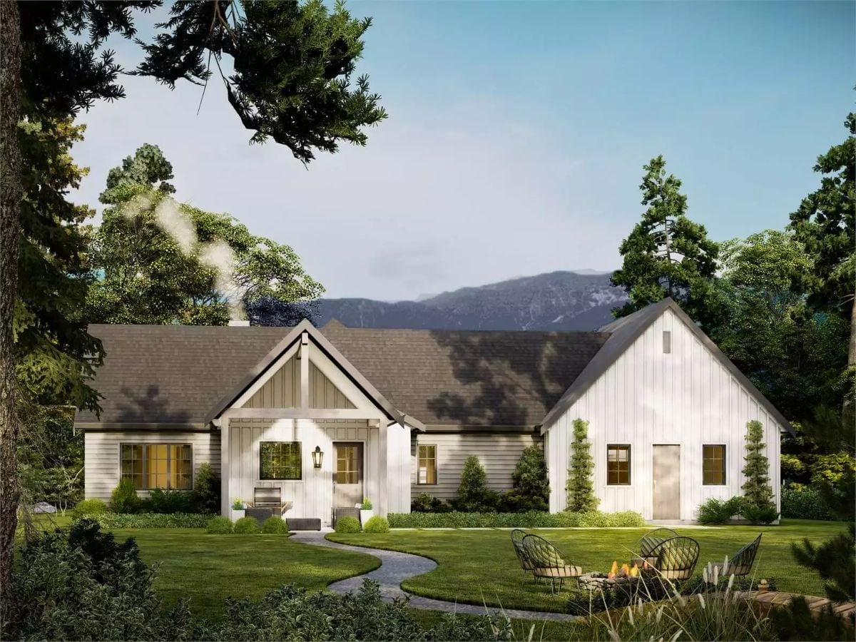 Board-and-Batten White Siding and a Fire Pit That Earns Its Spot