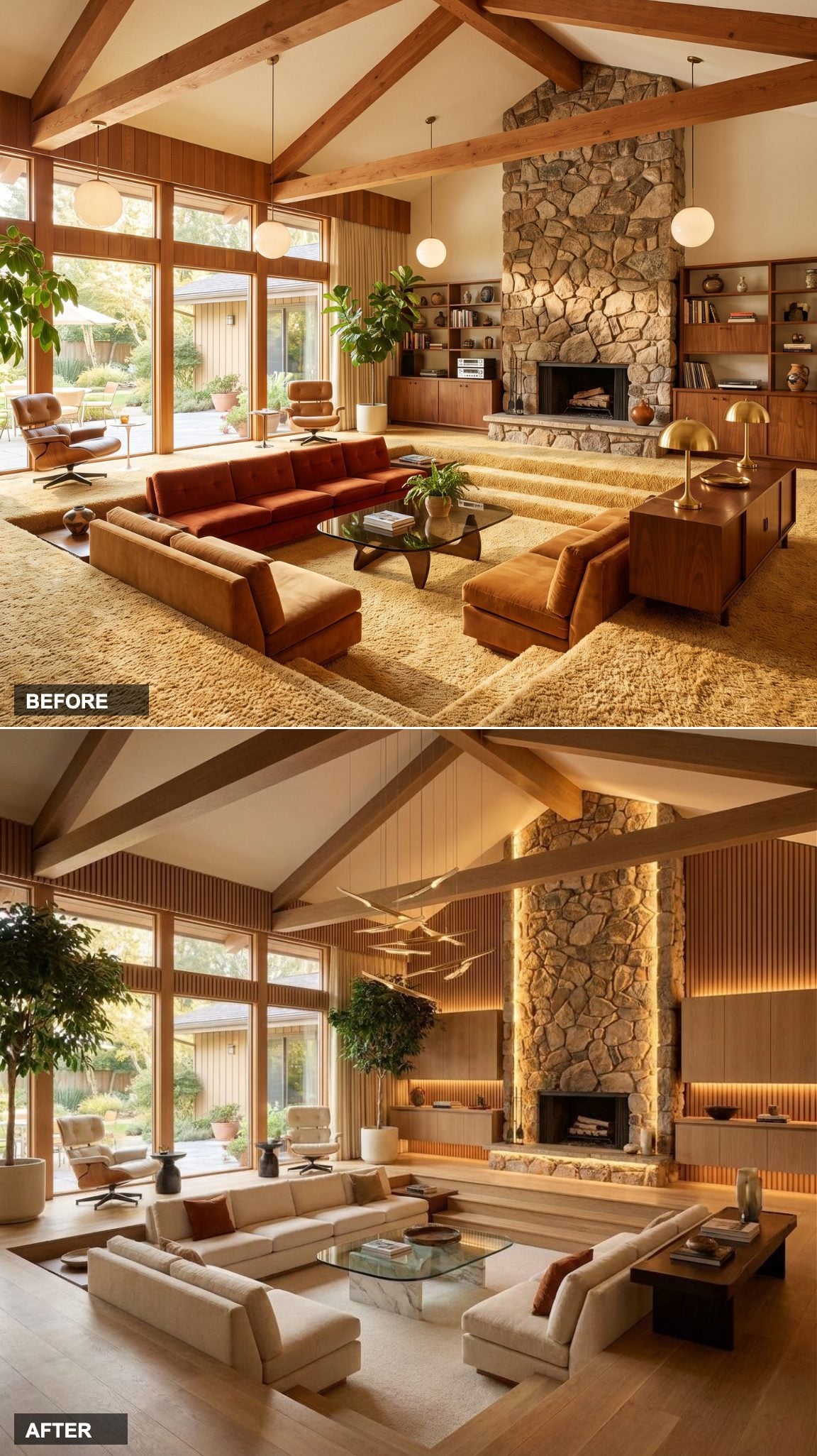 Wood Slat Walls, Backlit Stone, and Floating Oak Cabinetry: Architectural Digest Came to the Sunken Room