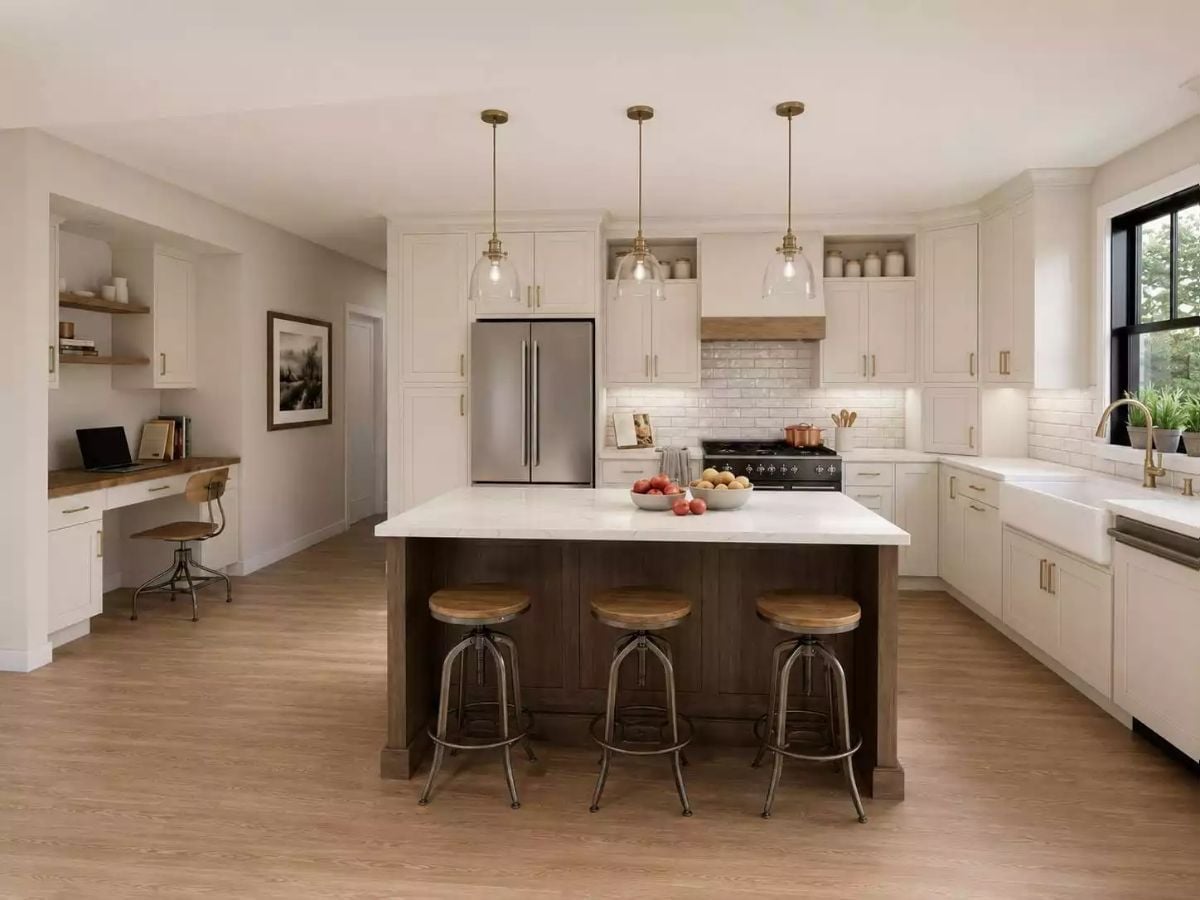 Dark Walnut Island Base, Brass Hardware, and Three Barstools That Mean Business