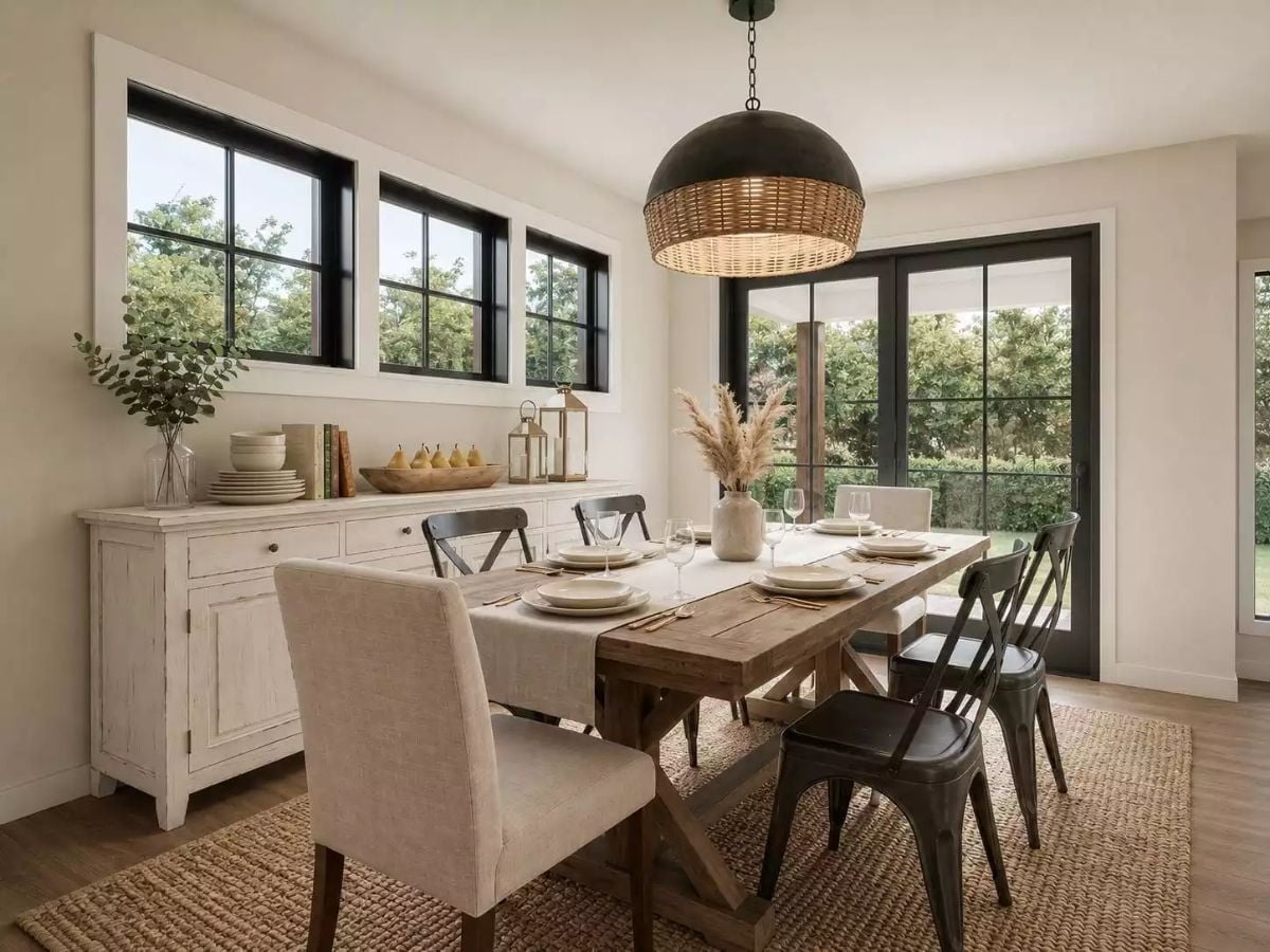 Rattan Pendant, Reclaimed Table, and a Sideboard That's Doing Real Work
