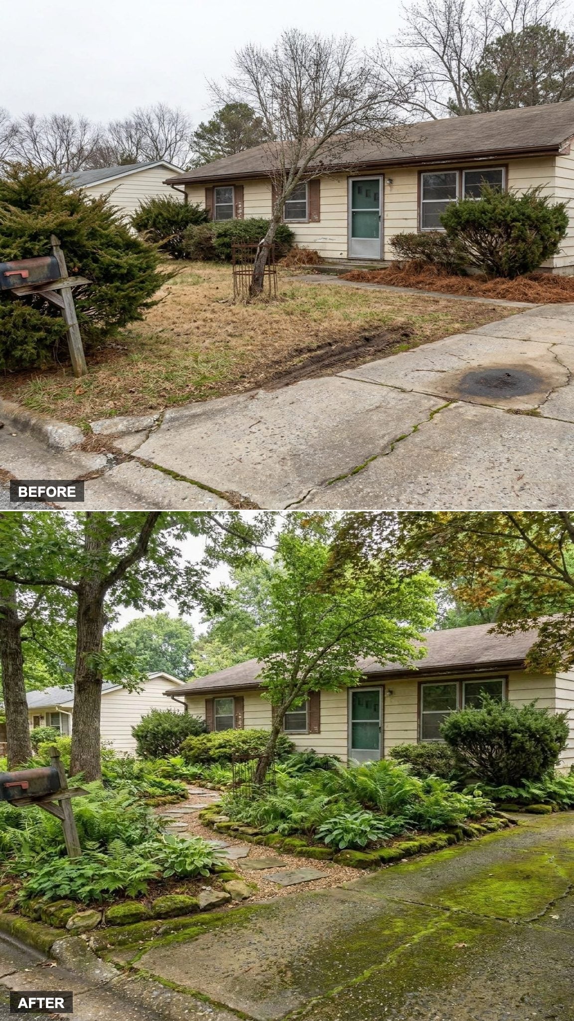 Woodland Cottage Entrance with Ferns, Mossy Stones, and Winding Shade Paths