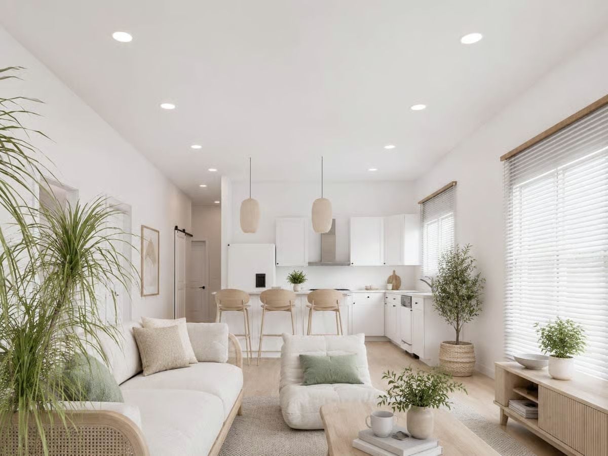 Rattan, White Oak, and Pendant Light That Earns Its Keep