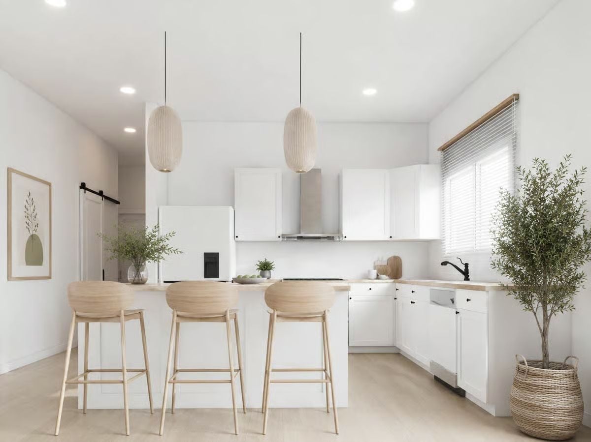 White Oak Barstools and Pendant Lights That Don't Try Too Hard