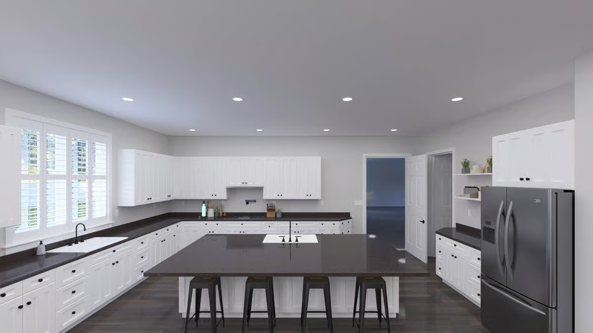 Dark Counters, White Cabinets, and an Island Big Enough to Mean Business