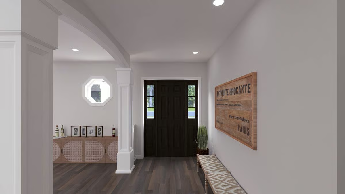 Dark Front Door, Octagonal Window, Paris Sign Walk Into a Foyer