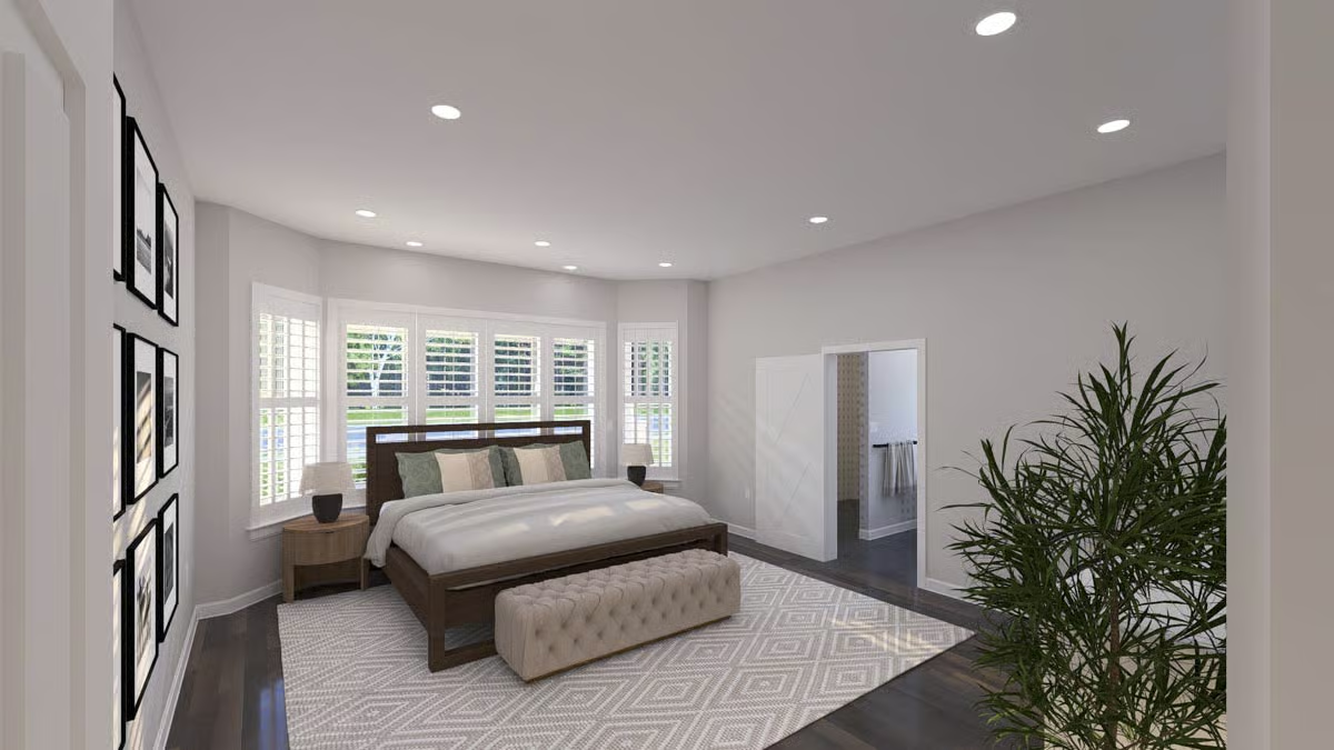 Recessed Lights, Plantation Shutters, and a Bench That Pulls the Whole Bed Together