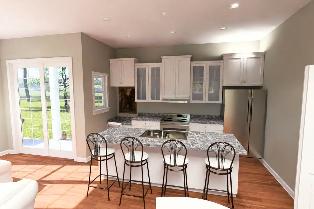 Marble-Look Counters and Iron Barstools Carry the Kitchen Without Trying Too Hard