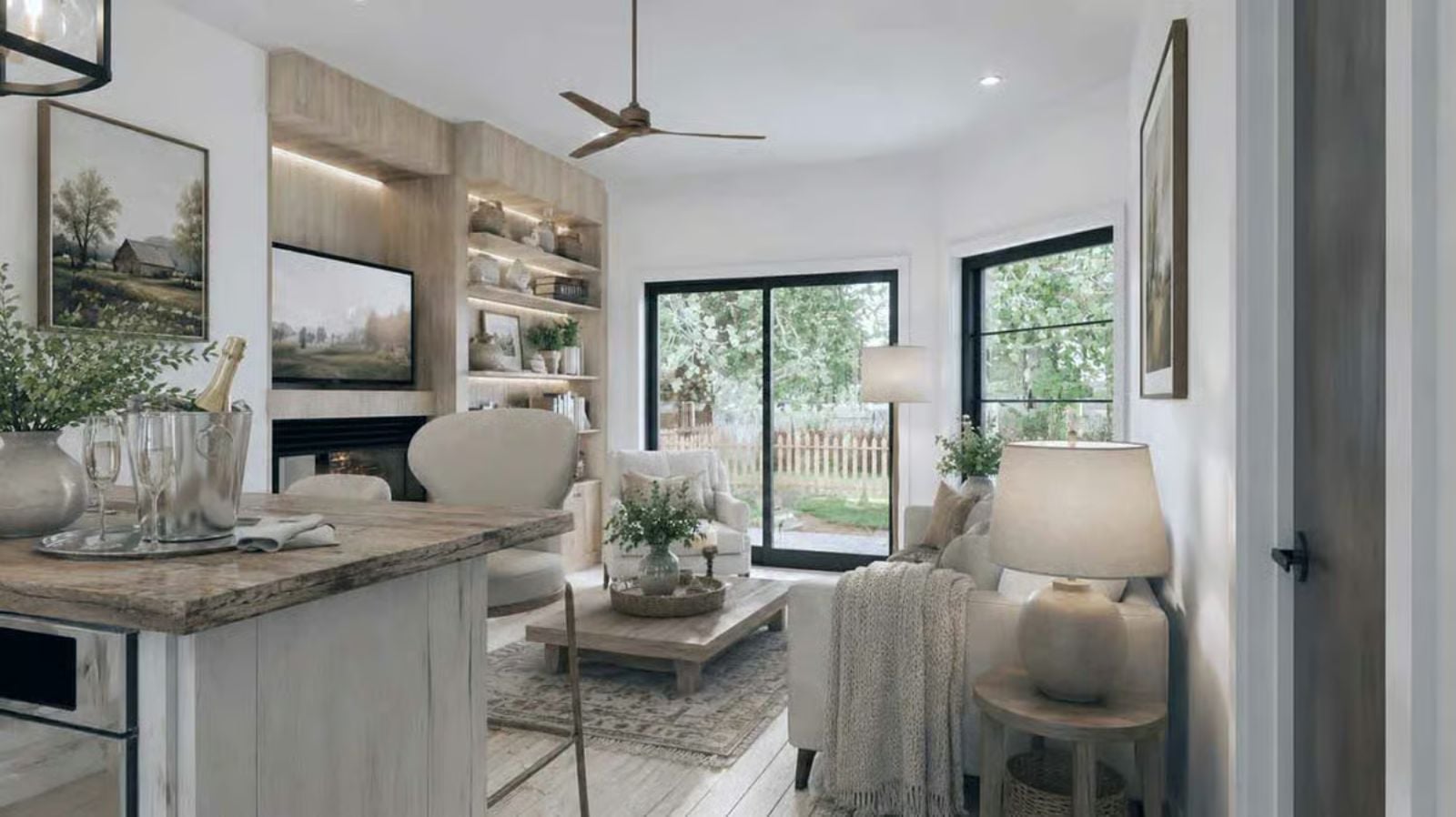 Warm Wood Built-Ins and a Fireplace That Pull the Whole Room Together
