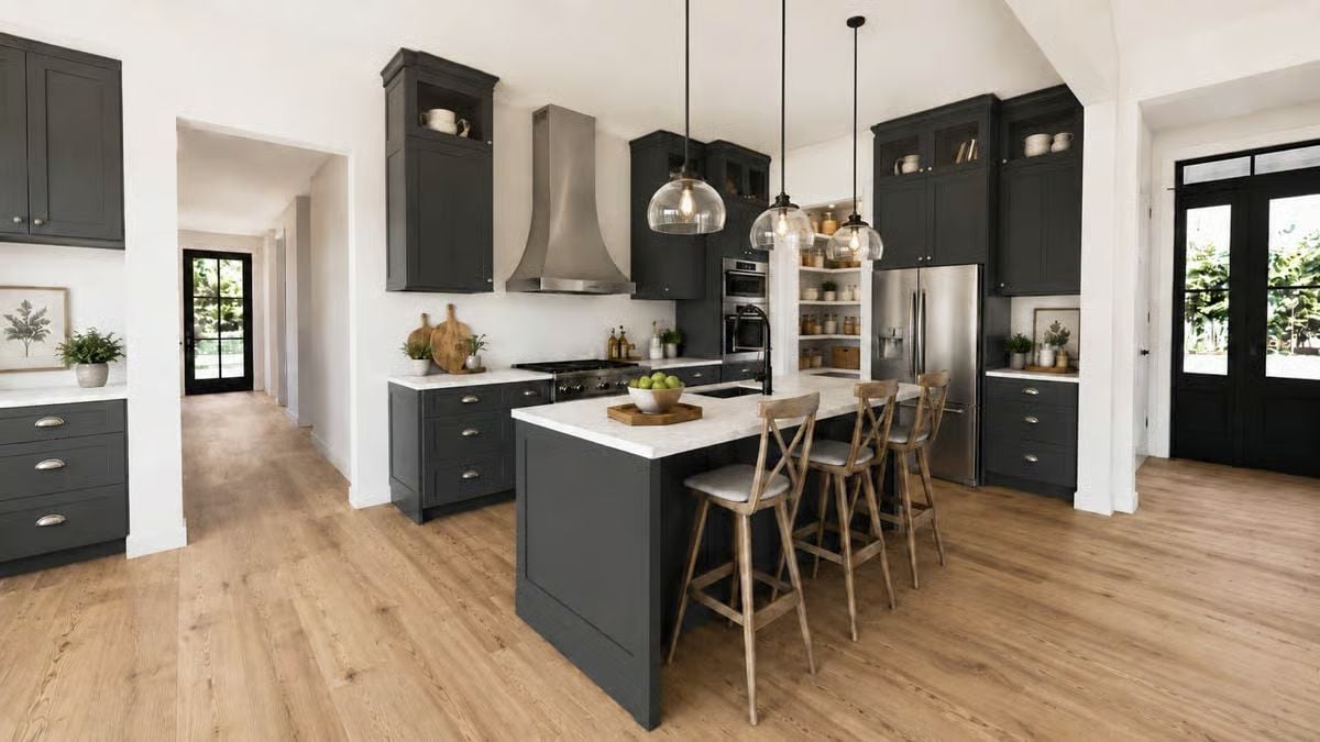 Dark Cabinets, White Counters, and Pendant Lights That Don't Fight Each Other