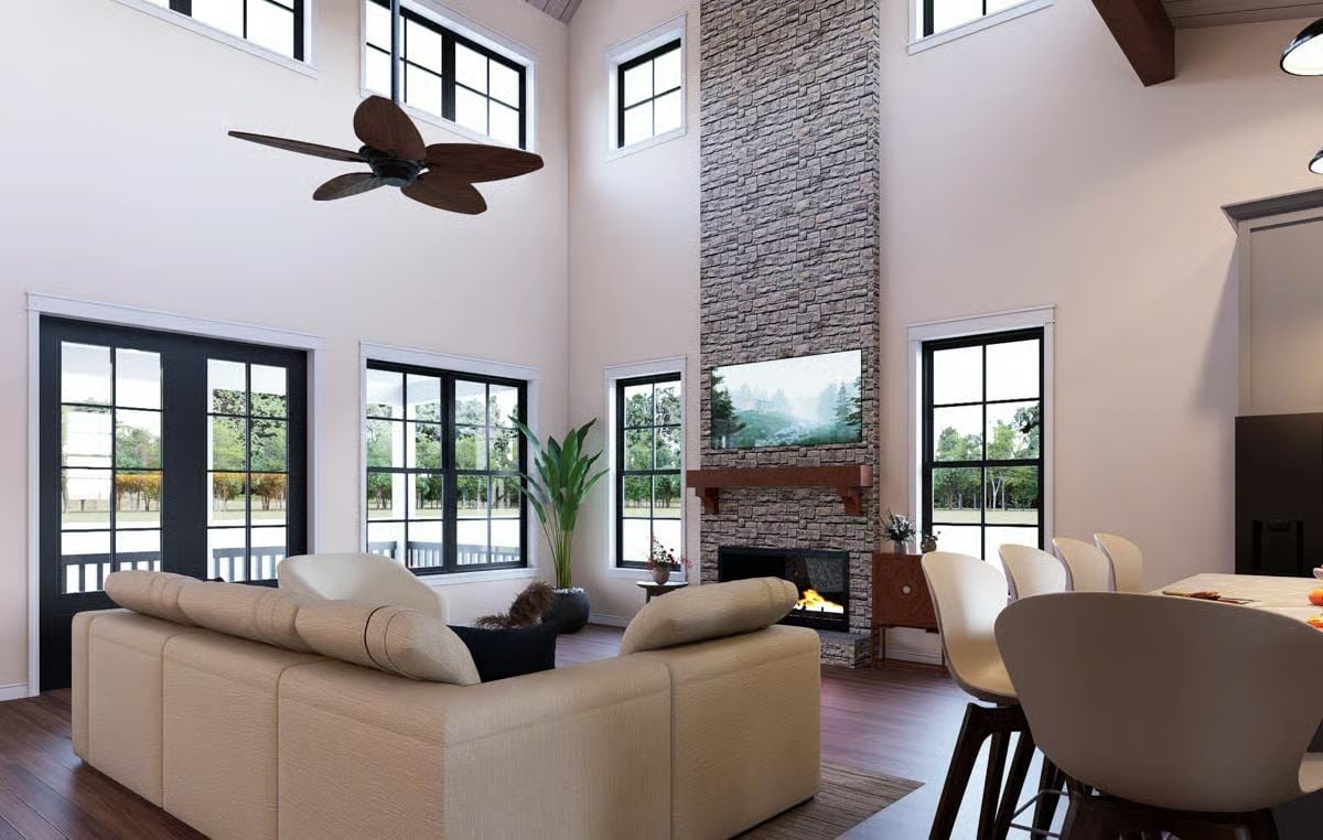 Floor-to-Ceiling Stone Fireplace That Earns Every Inch of That Wall