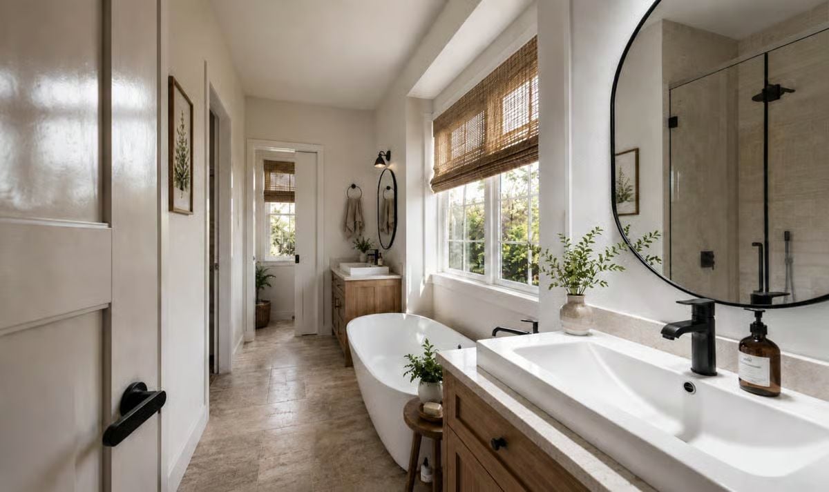 Freestanding Tub, Black Fixtures, and Bamboo Shades Pulling Natural Light Into Every Corner