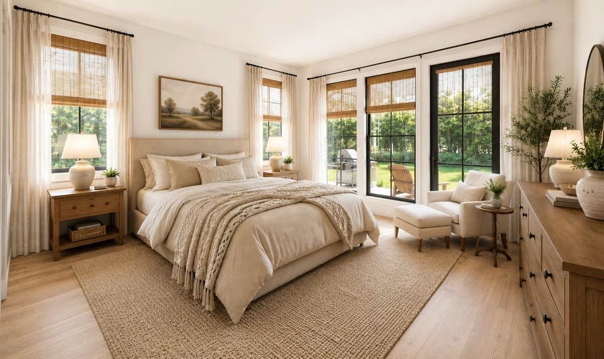 Jute Rug, Knit Throw, and Bamboo Shades Doing the Heavy Lifting in This Bedroom