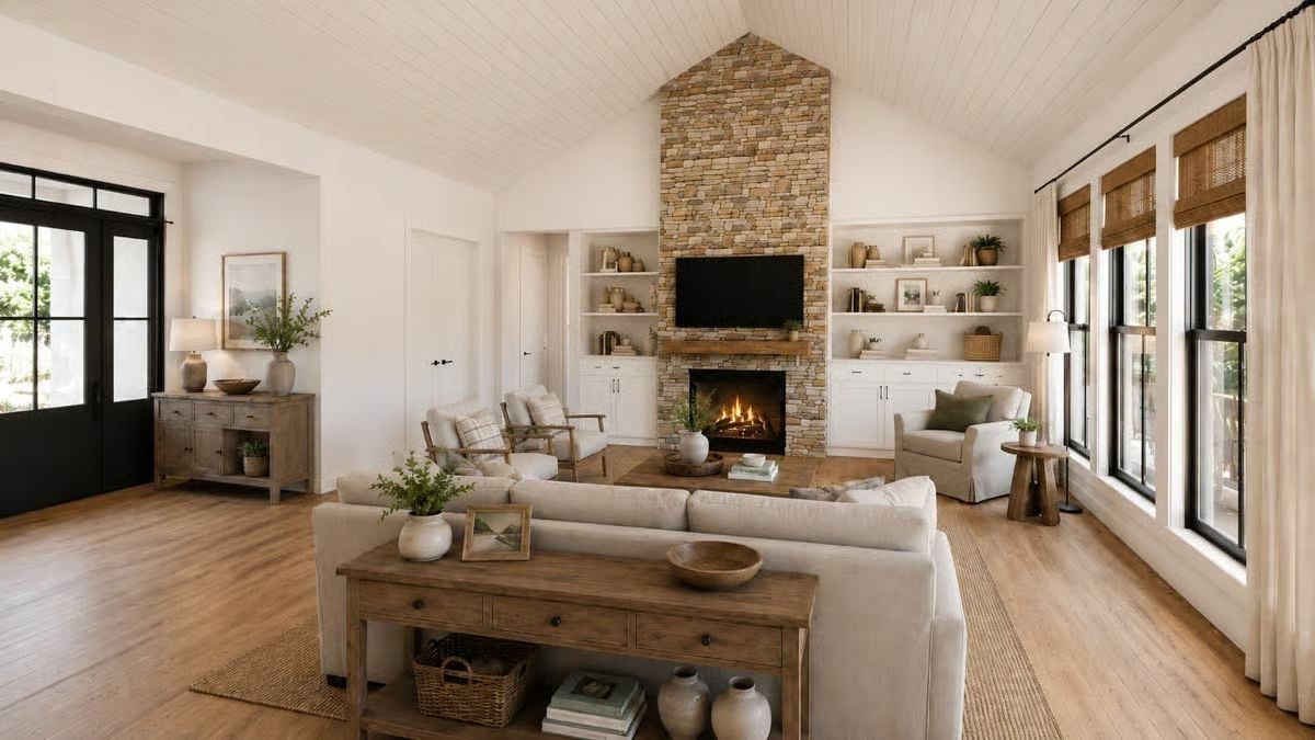 Stone Fireplace Tower, Vaulted Shiplap Ceiling, Built-Ins on Both Sides