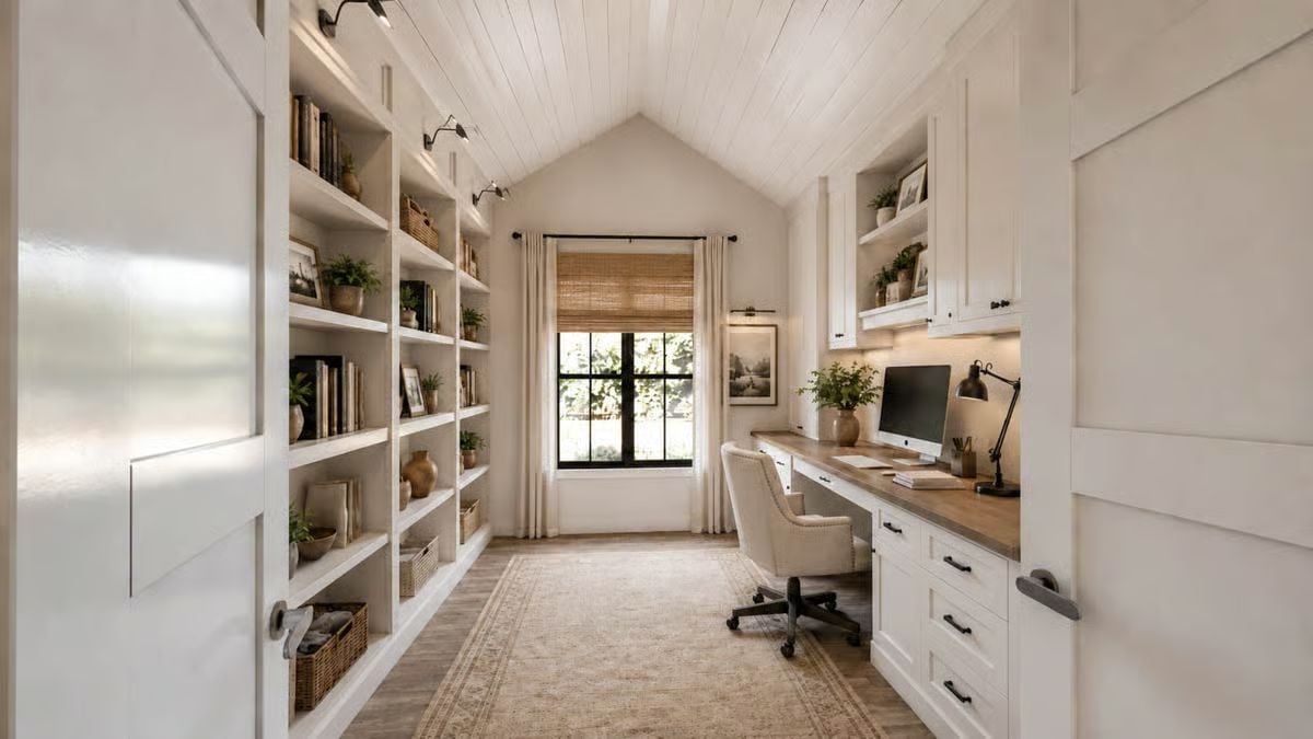 Vaulted Shiplap Office With Built-Ins on Every Wall and a Window That Pulls Its Weight