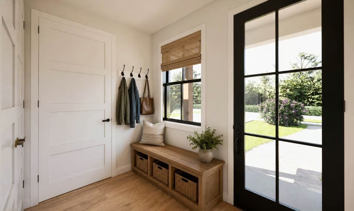 Wicker Baskets, Wall Hooks, and a Bench That Actually Earns Its Place by the Door