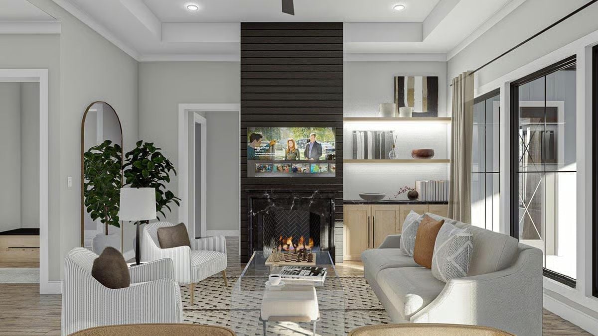Dark Shiplap Surround and an Embedded TV Make the Fireplace Wall Do Double Duty