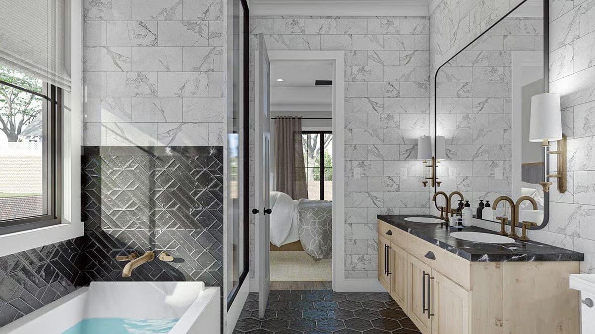 Marble Walls, Hexagon Floor, and a Soaking Tub That Gets the Good Tile