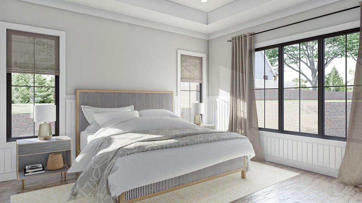 Striped Headboard and Gold Legs Make a Quiet Case for Pattern Without Commitment