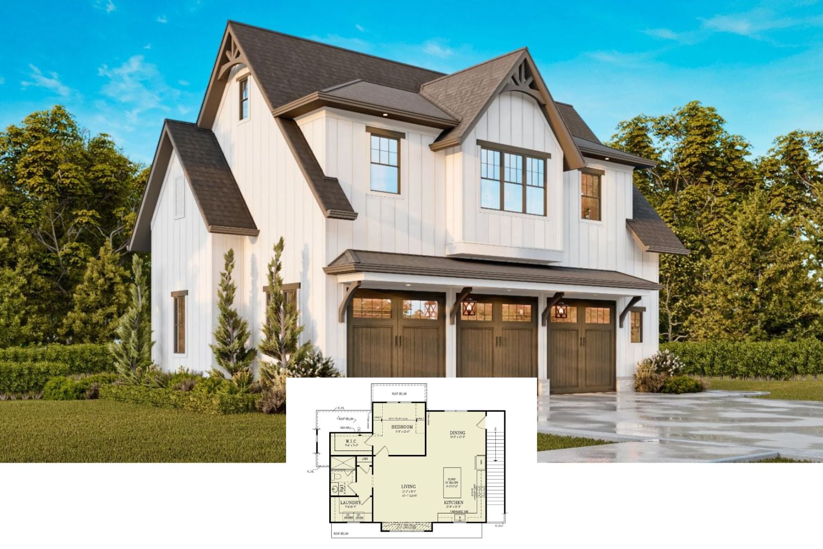 Hazel 1-Bedroom Carriage House Plan with 3-Car Garage (965 Sq. Ft. Floor Plan)
