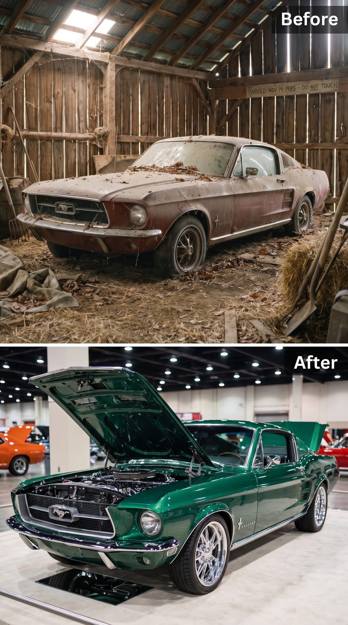 Glossy British Racing Green 1967 Mustang fastback with chrome wheels