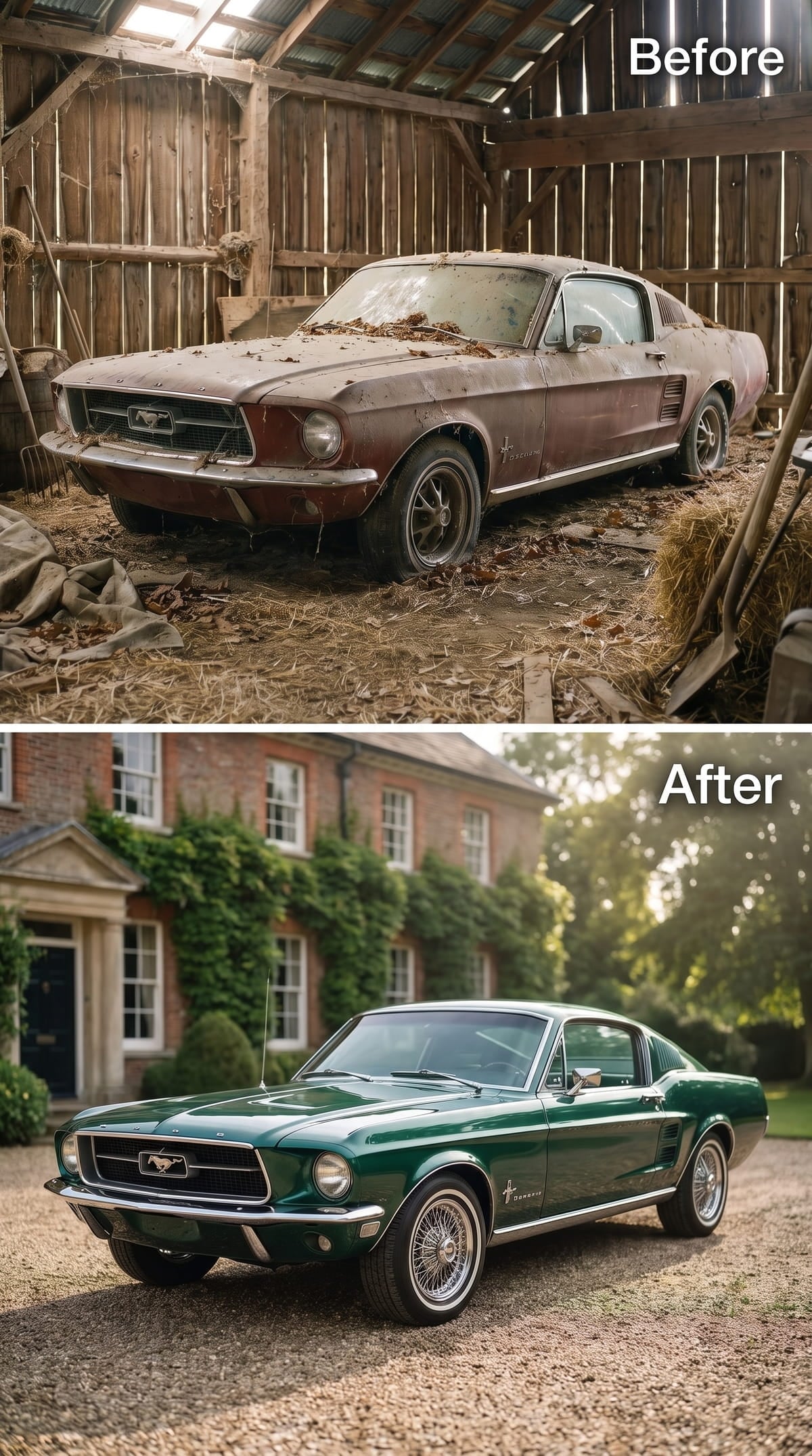 Dark green 1967 Mustang fastback with wire-spoke wheels