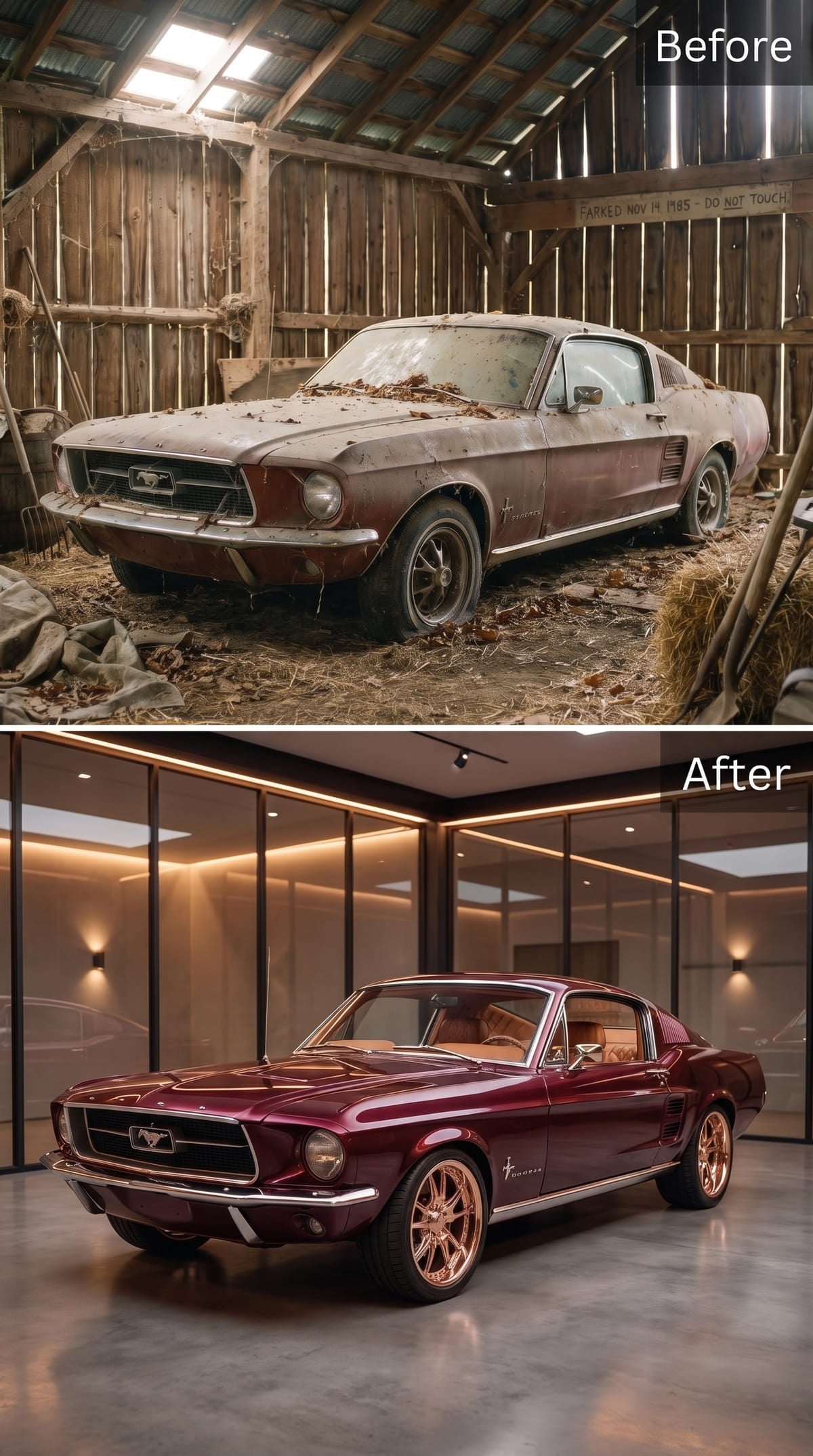 Burgundy 1967 Mustang fastback with rose-gold wheels and cognac interior