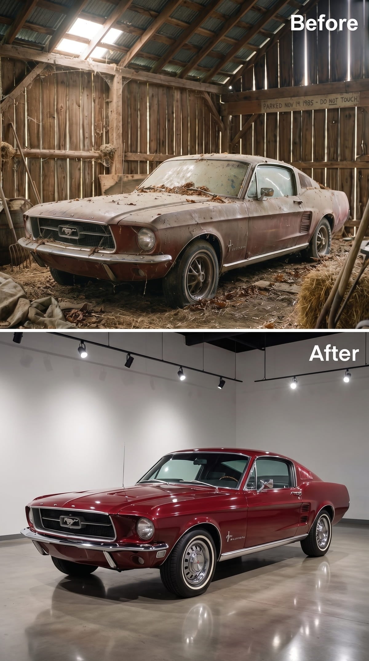 Candy Apple Red 1967 Mustang fastback with whitewall tires