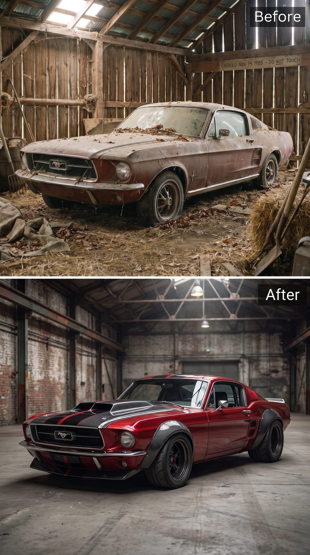 Candy red 1967 Mustang fastback with carbon-fiber hood details