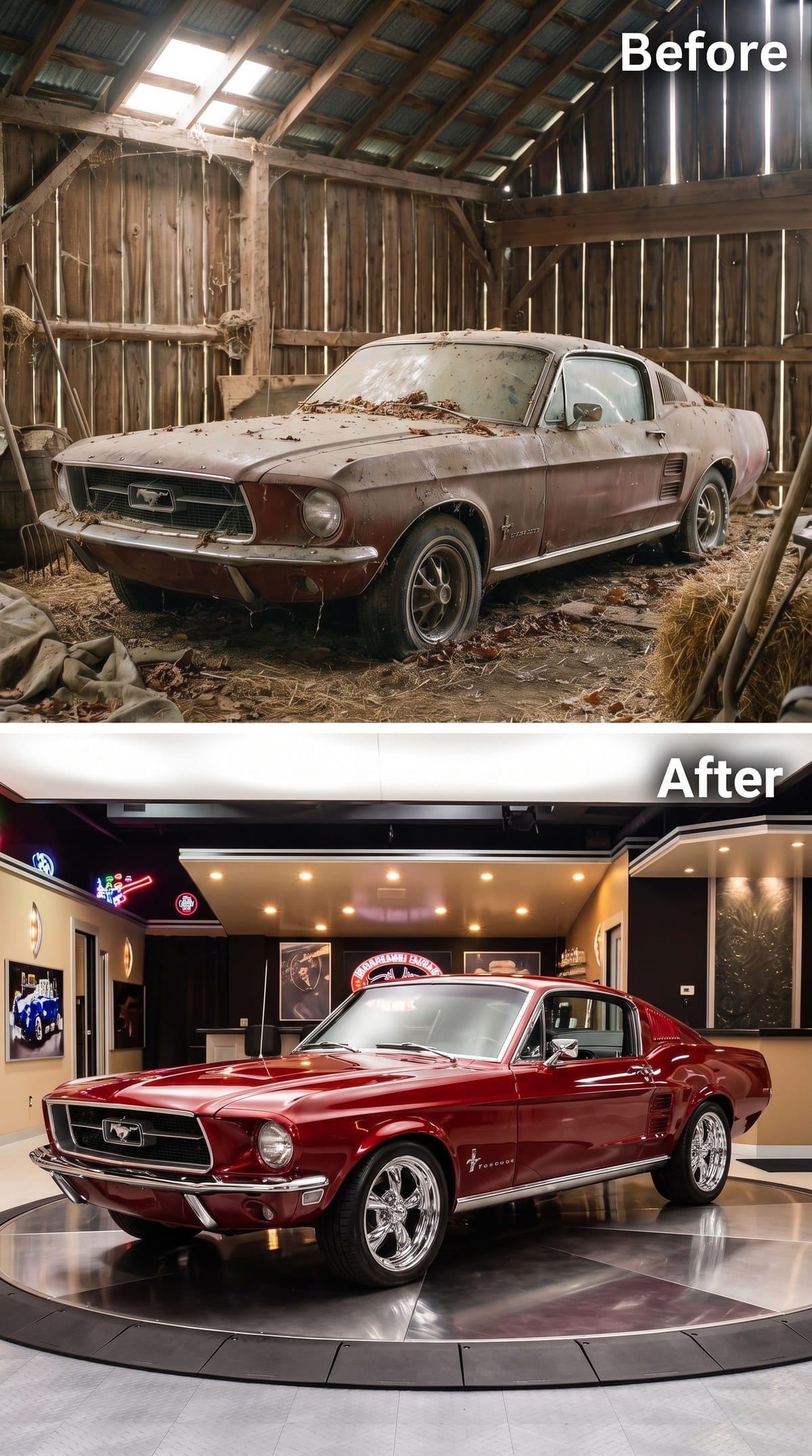 Candy red 1967 Mustang fastback displayed in a private showroom