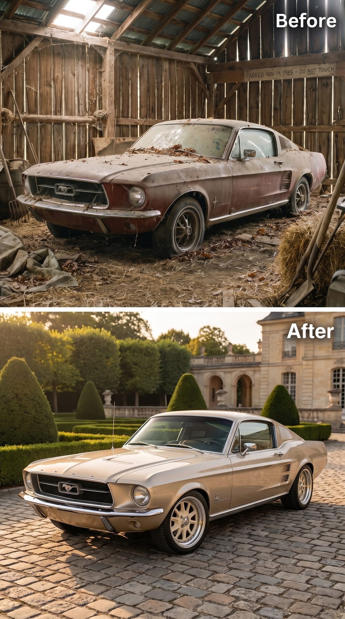 Champagne metallic 1967 Mustang fastback concept on cobblestones