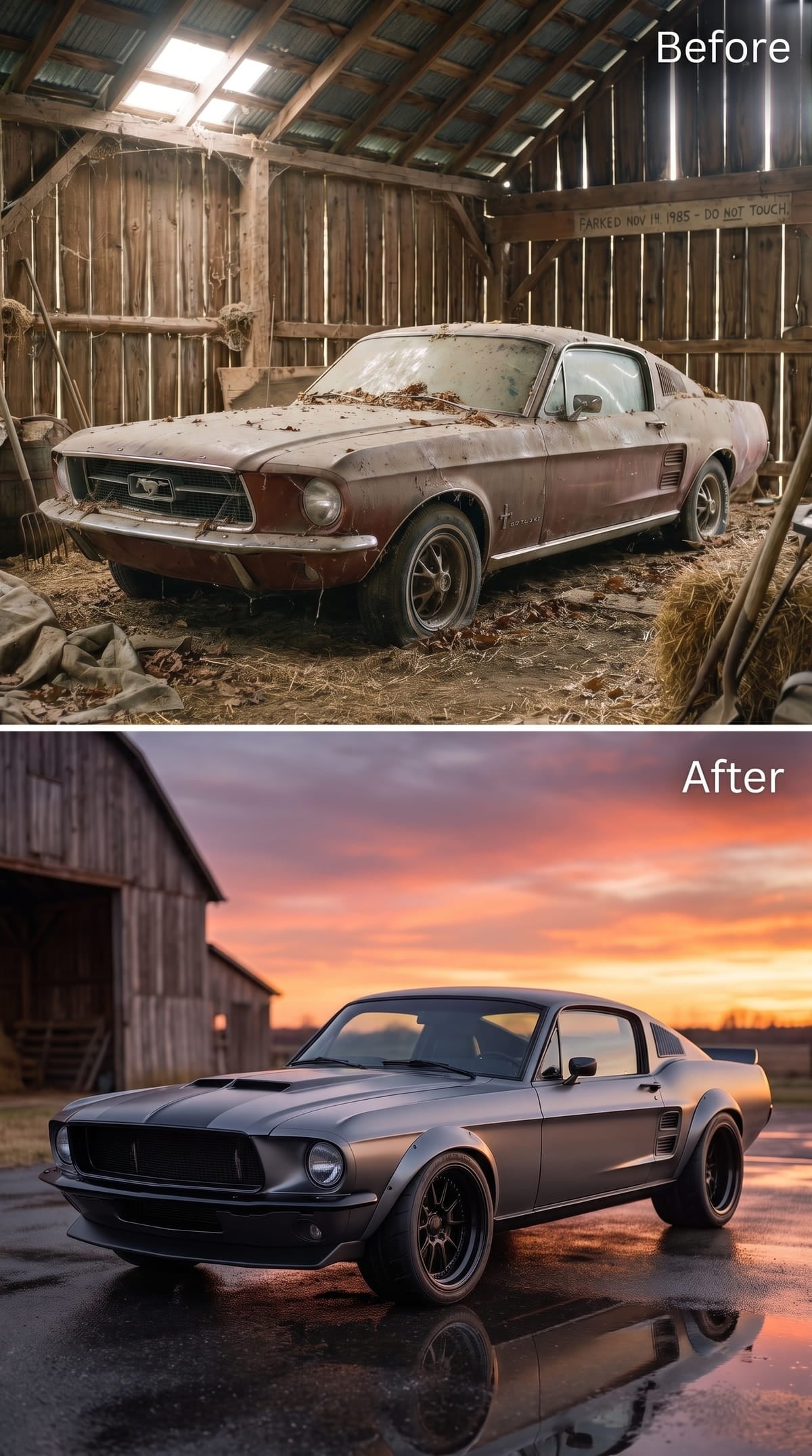 Charcoal 1967 Mustang fastback photographed at sunset
