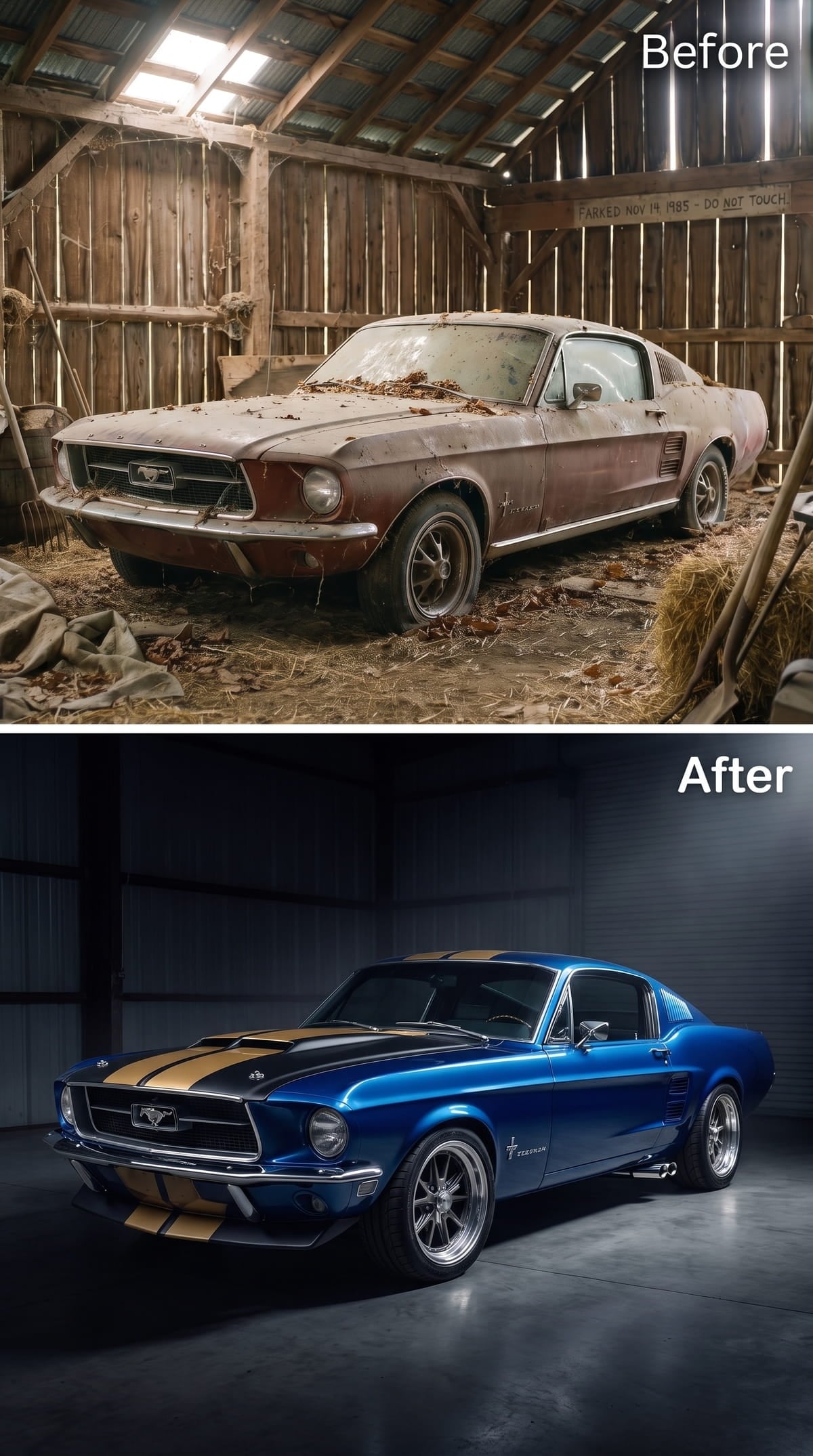 Cobalt blue 1967 Mustang fastback with gold racing stripes