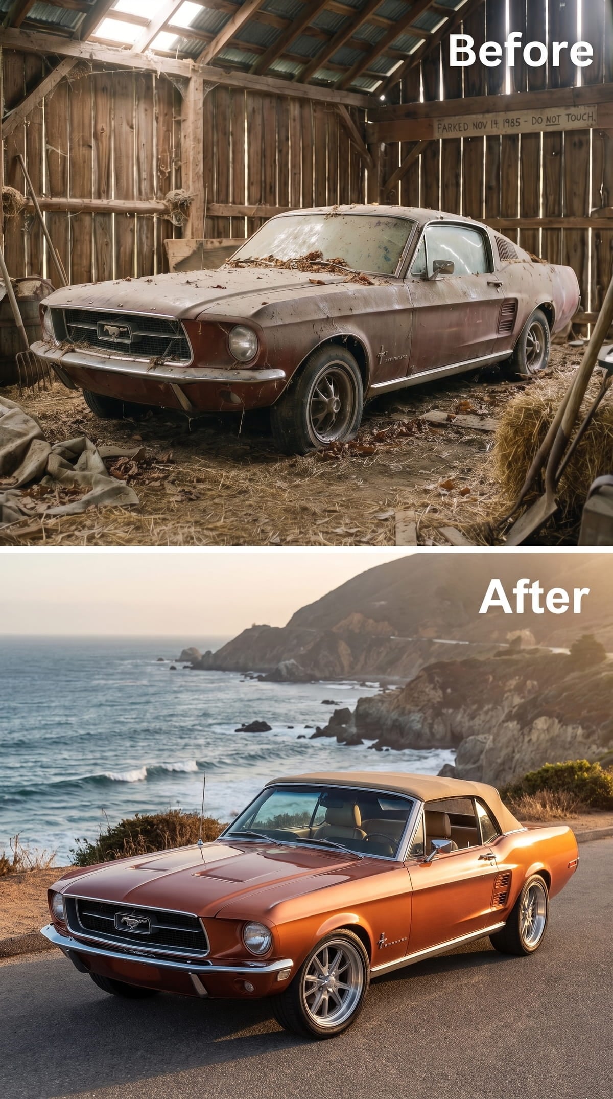 Copper 1967 Mustang fastback concept beside the Pacific coast