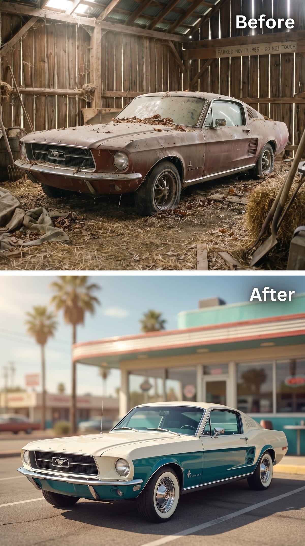 Cream and teal two-tone 1967 Mustang fastback concept with whitewall tires