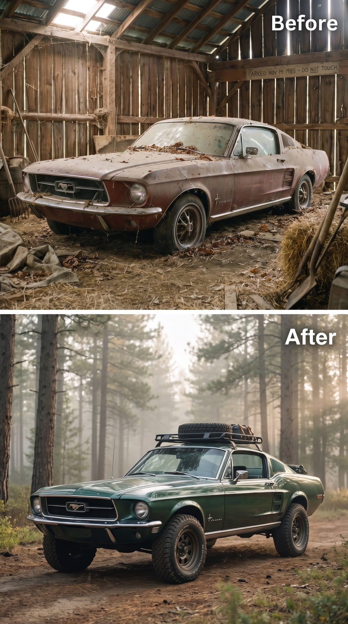 Lifted forest-green 1967 Mustang fastback with a roof rack