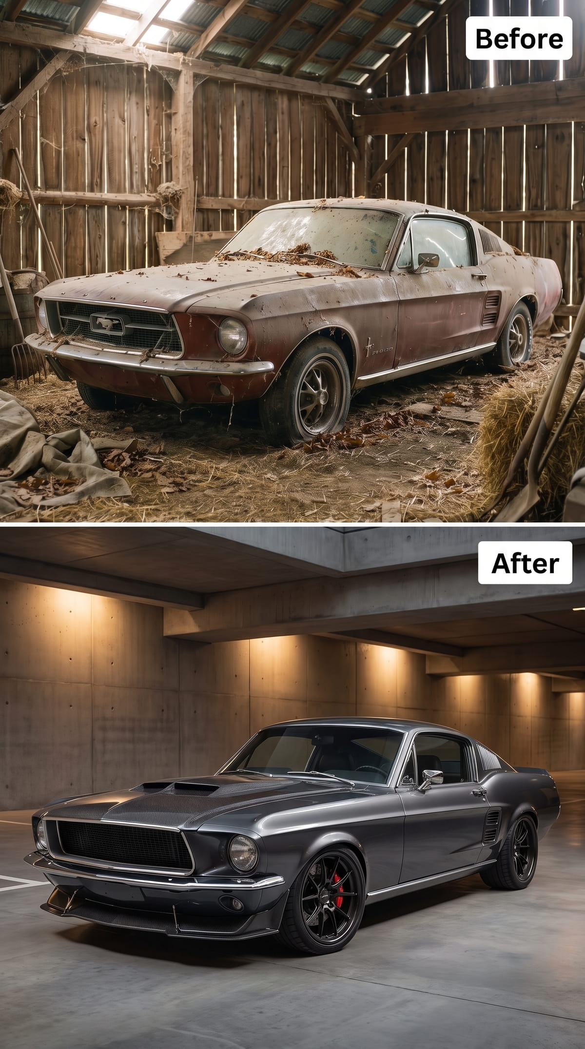Gunmetal gray 1967 Mustang fastback with carbon-fiber hood accent