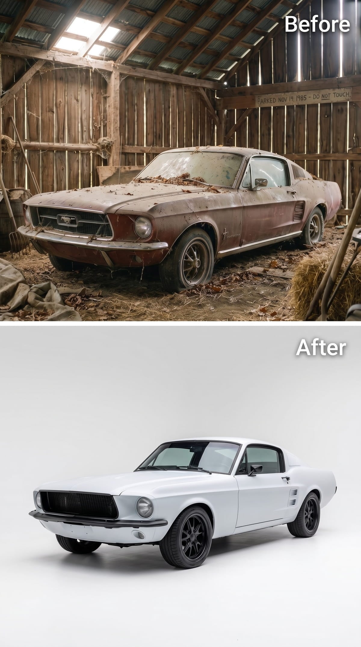Matte white 1967 Mustang fastback with black wheels and grille