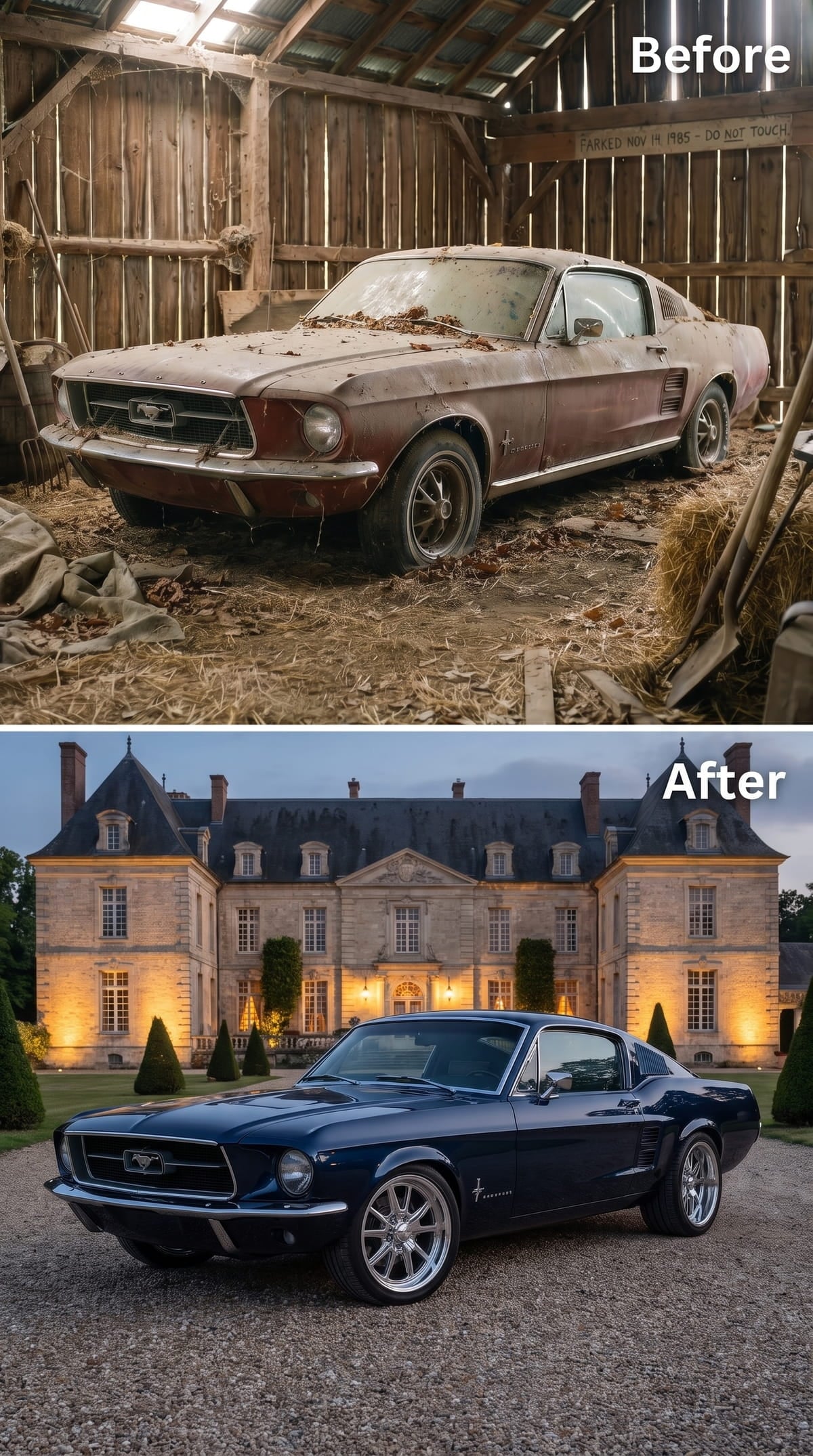 Midnight blue 1967 Mustang fastback in front of a château