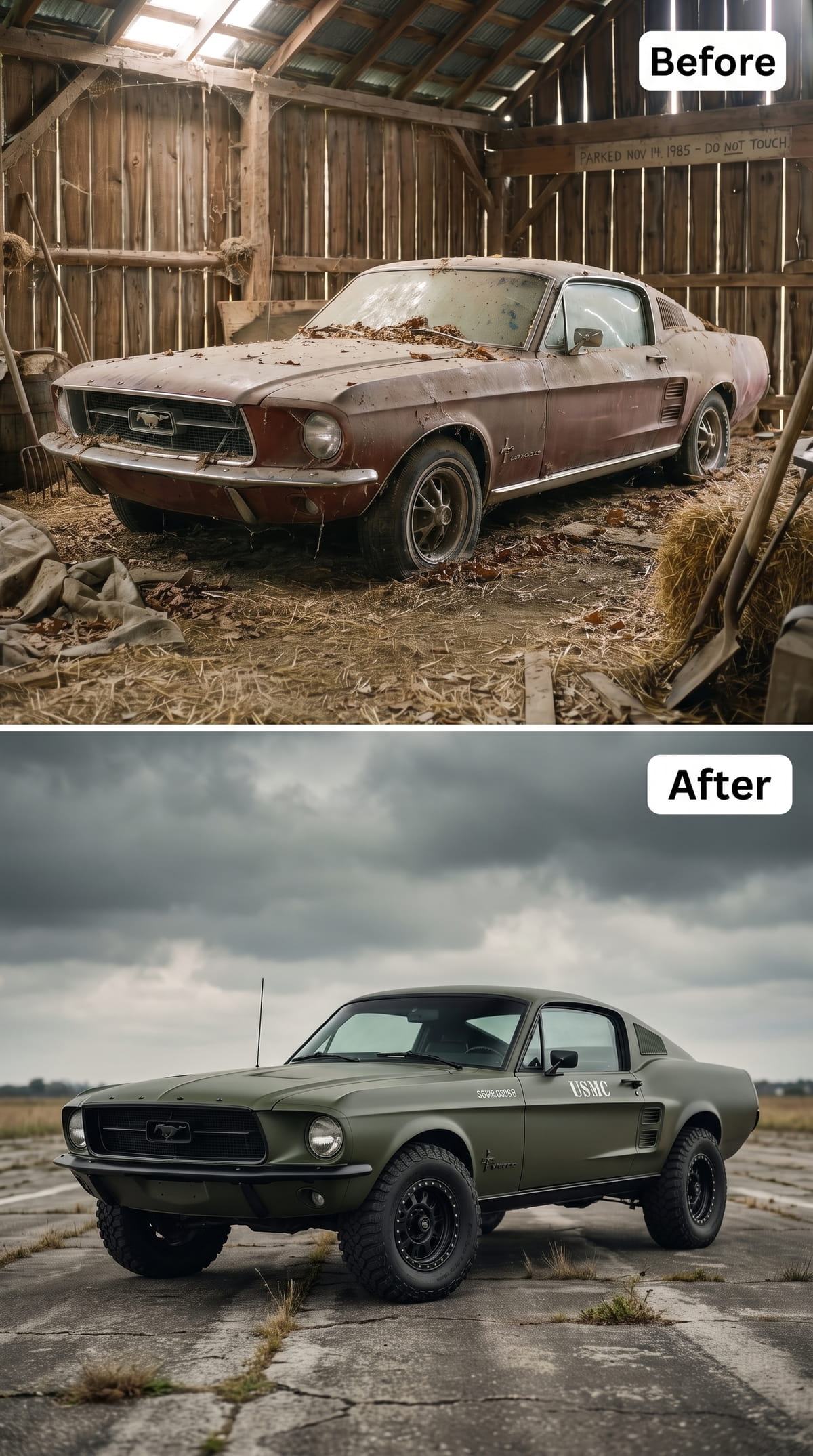 Military-inspired olive-drab 1967 Mustang fastback concept