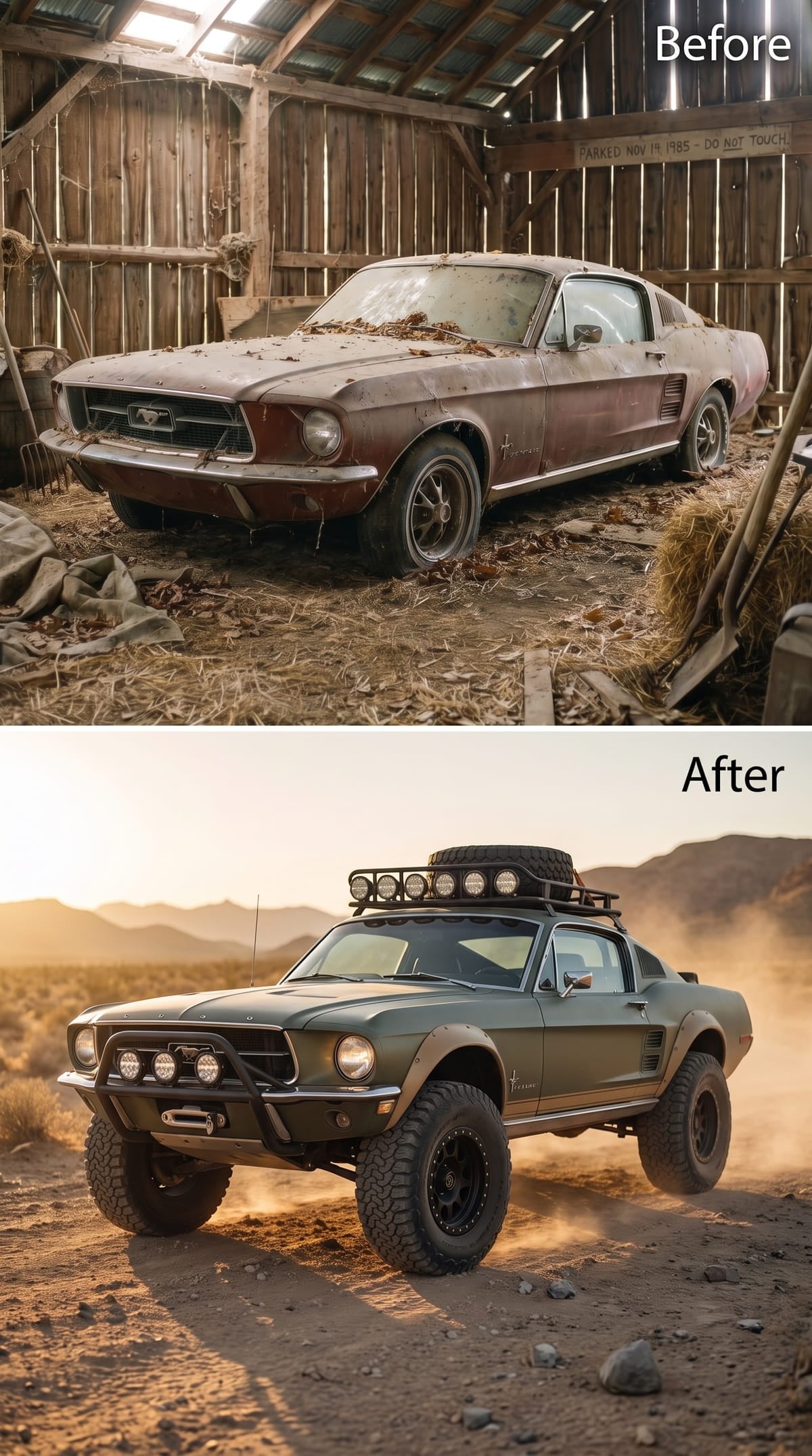Lifted olive-green 1967 Mustang fastback off-road concept