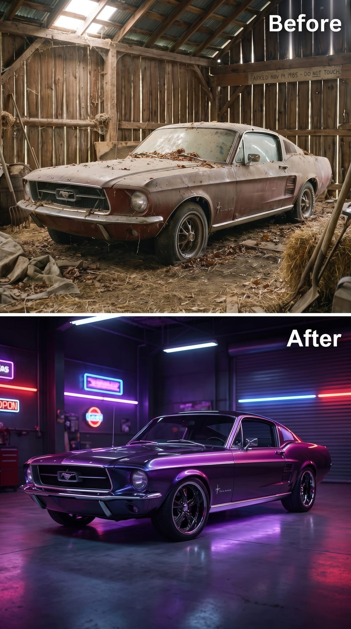 Purple chrome 1967 Mustang fastback under neon lighting