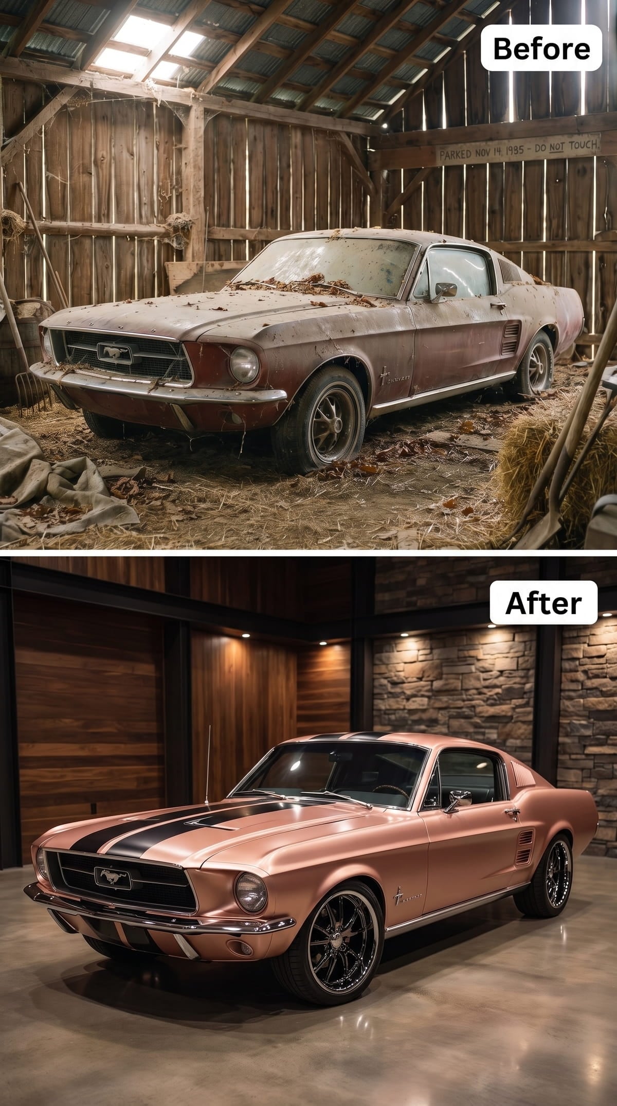 Rose-gold 1967 Mustang fastback with charcoal racing stripes