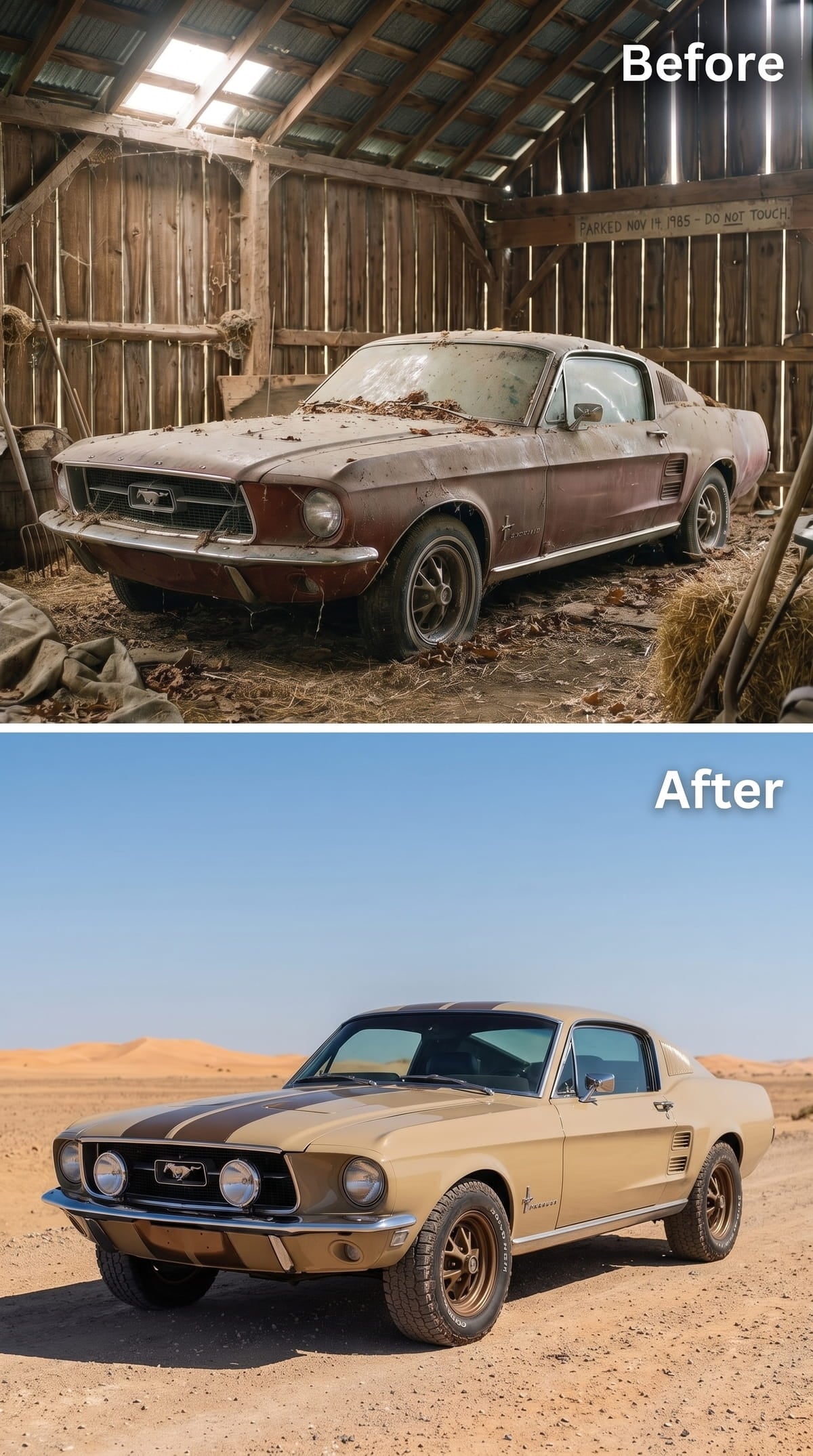 Tan 1967 Mustang fastback with dark rally stripes