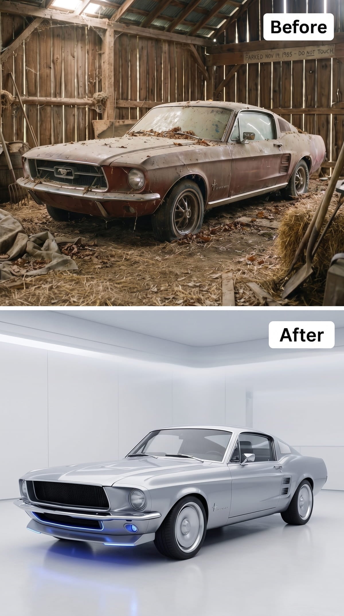 Reflective silver 1967 Mustang fastback with blue underbody lighting