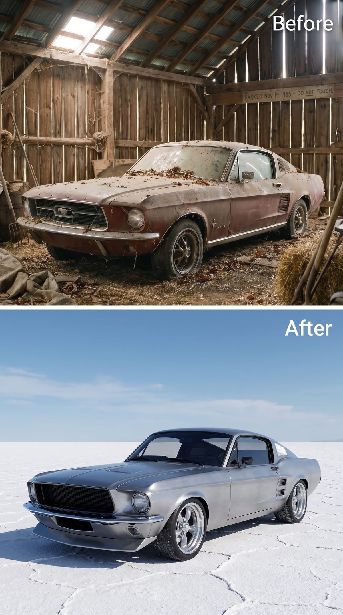 Silver 1967 Mustang fastback with a pro-touring-inspired stance on salt flats