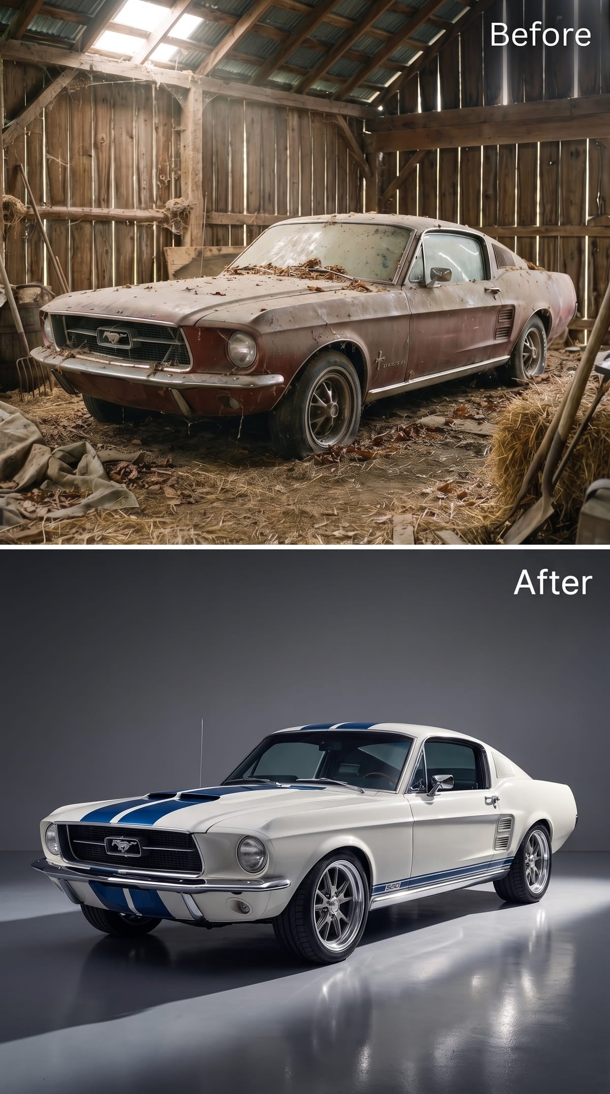 White 1967 Mustang fastback with cobalt racing stripes