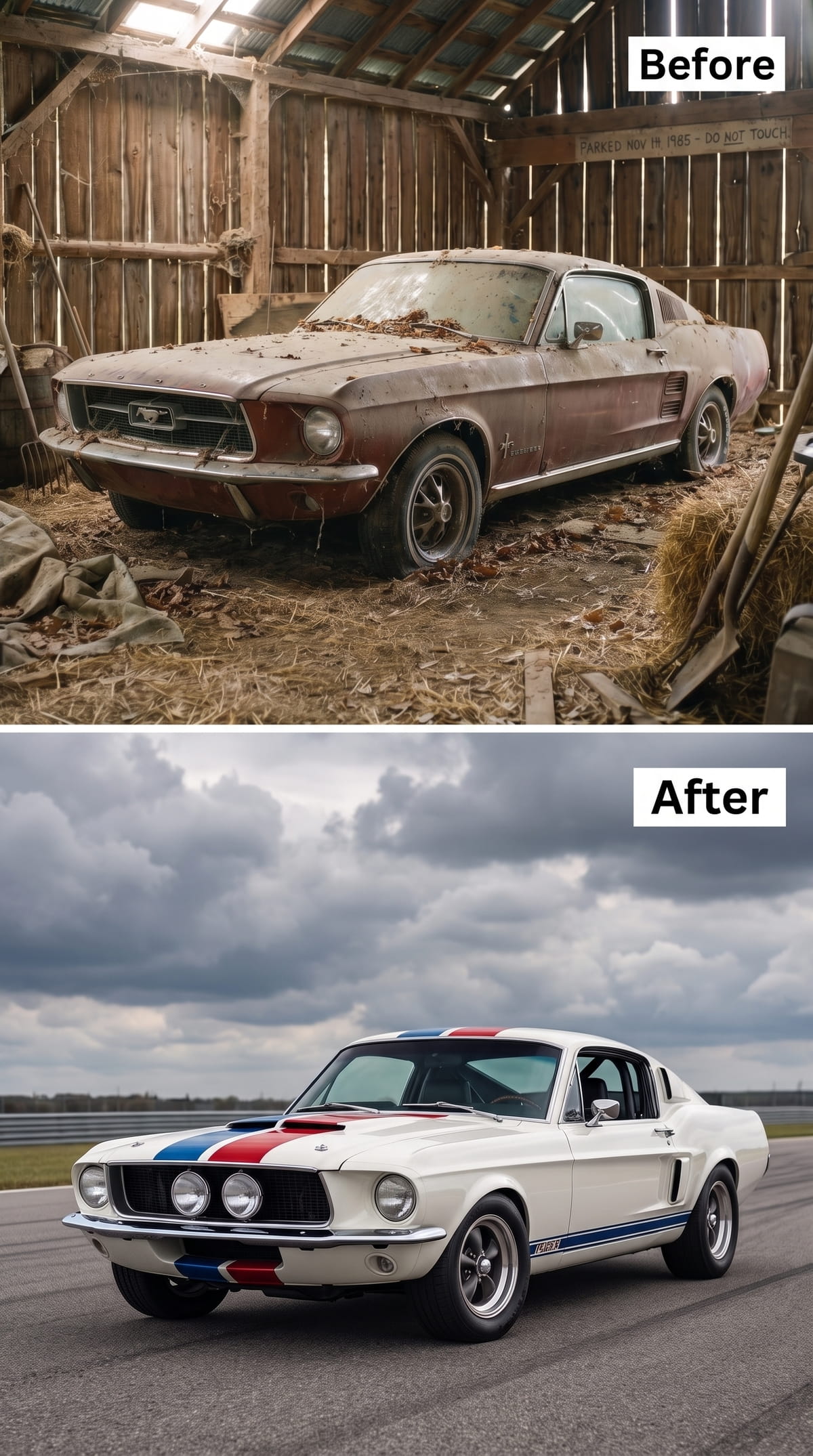 White 1967 Mustang fastback with red and blue racing stripes